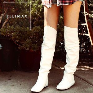 NEW🔥 White Slouch Flat Pull On Boots Over The Knee & Knee High Faux Leather